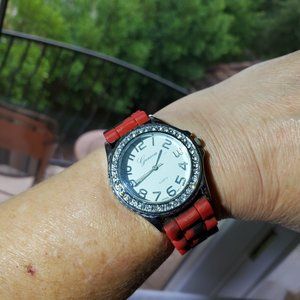 Geneva Women's Analog Quartz Red Silicone Rhinestone Wristwatch